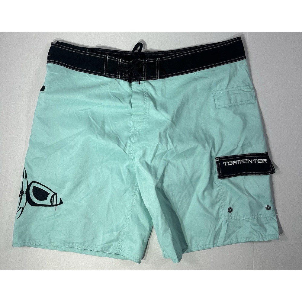 Tormenter Men's Board Shorts 42 Teal Black Fish Skeleton Logo Swim Trunks Surf